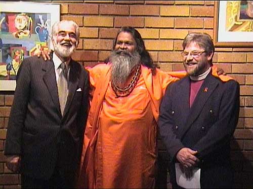 Speakers at the multifaith conference: Chief Rabbi Harris, Mahamandaleshwar Paramhans Swami Maheshwarananda and Bishop Paul Verryn